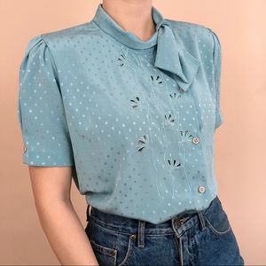 Vintage 80s light teal cutout blouse w/ neck tie S
